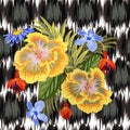 Seamless pattern with tropical flowers on background with abstr