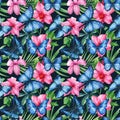 Seamless pattern. Tropical flowers, blue butterflies and palm green leaves. Floral background. Royalty Free Stock Photo