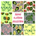 seamless pattern of tropical flowers green leaves of palm trees and flowers bird of paradis, hibiscus, avocado Royalty Free Stock Photo