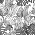 Seamless pattern with Tropical flowers and leaves. Hand drawn jungle leaves and exotic flowers. Black and white Royalty Free Stock Photo
