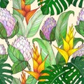 Seamless pattern with Tropical flowers and leaves. Hand drawn jungle leaves and exotic flowers. Black and white Royalty Free Stock Photo