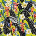 Seamless pattern with tropical flowers. Strelicia, plumeria and banana leaf hand draw vector illustration.