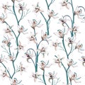 Seamless pattern of tropical flowers. Vanilla and lily on a white background, wildflowers for fabrics, dresses, bedding and