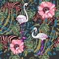 Seamless pattern with tropical flowers, zebras, flamingos, tiger spots. Pattern from multi-colored elements. For printing,