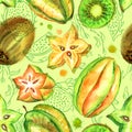 Seamless pattern of tropical fruit on a pale green background Royalty Free Stock Photo
