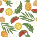 Seamless pattern with tropical fruit and palm leaves. Watermelon and orange slices, pineapple. Vector illustration for wrapping Royalty Free Stock Photo