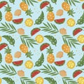 Seamless pattern with tropical fruit and palm leaves. Watermelon and orange slices, pineapple. Vector illustration for wrapping Royalty Free Stock Photo