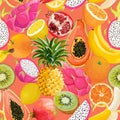 Seamless pattern with tropical fruits. Banana, Orange, Lemon, Pineapple, Dragon fruit background for textile, fashion texture