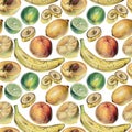 Seamless pattern with tropical fruits drawn by hand with colored pencil