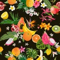 Seamless pattern with tropical fruits and flowers. Banana, Orange, Lemon, Pineapple, Dragon fruit background for textile, fashion