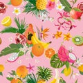 Seamless pattern with tropical fruits and flowers. Banana, Orange, Lemon, Pineapple, Dragon fruit background for textile, fashion