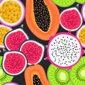 Seamless pattern with tropical fruits. Healthy dessert. Fruity background. Dragon fruit, kiwi, passion, fig, papaya Royalty Free Stock Photo