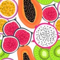 Seamless pattern with tropical fruits. Healthy dessert. Fruity background. Dragon fruit, kiwi, passion, fig, papaya Royalty Free Stock Photo