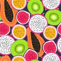 Seamless pattern with tropical fruits. Healthy dessert. Fruity background. Dragon fruit, kiwi, passion, fig, papaya Royalty Free Stock Photo
