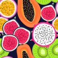 Seamless pattern with tropical fruits. Healthy dessert. Fruity background. Dragon fruit, kiwi, passion, fig, papaya Royalty Free Stock Photo