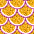 Seamless pattern with tropical fruits. Healthy dessert. Fruity background. Passion fruit. Exotic food