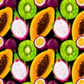 Seamless pattern with tropical fruits with kiwi, papaya, pitahaya on a black background Royalty Free Stock Photo