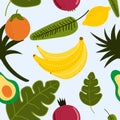 Seamless pattern with tropical fruits and leaves drawn by hand. Vector illustration.