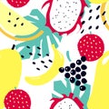 Seamless pattern with tropical fruits - mango, lichee, banana, grapes, dragon fruit, melon.