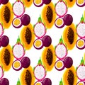 Seamless pattern with tropical fruits with papaya, passion fruit and pitahaya on a white background Royalty Free Stock Photo