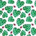 tropical leaf monstera and ladybugs. seamless pattern