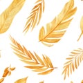 Seamless pattern with tropical leaf palm. Golden leaves, watercolor drawing Royalty Free Stock Photo