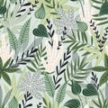 Vector seamless pattern with tropical leaves. Beautiful print with hand drawn exotic plants. Swimwear botanical design.