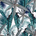 Seamless pattern with tropical leaves. Dark and bright palm leaves on the light background. Royalty Free Stock Photo