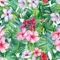 Seamless pattern of tropical leaves and flowers, jungle background, watercolor painting