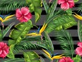 Seamless pattern with tropical leaves and flowers. Palms branches, bird of paradise flower, hibiscus Royalty Free Stock Photo