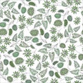 Seamless pattern of tropical leaves, flowers and plants on a white background. Colorful botanical background of pink and