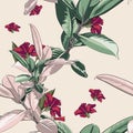 Seamless pattern with tropical leaves and hibiscus flowers. Royalty Free Stock Photo