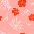 Seamless pattern with tropical leaves and hibiscus. Hand drawn texture with palm tree leaf and flower. Royalty Free Stock Photo
