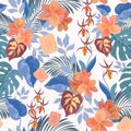 Seamless pattern with tropical leaves and magic crystals. Palm leaf, orchid, plumeria flowers