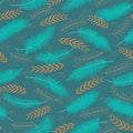 Seamless pattern with tropical leaves and palm branches. Trendy texture in bright blue, green, orange tones. Turquoise background Royalty Free Stock Photo
