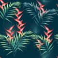 Seamless pattern with tropical leaves and paradise heliconia flowers.