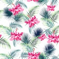 Seamless pattern with tropical leaves and paradise pink hibiscus flowers. Royalty Free Stock Photo