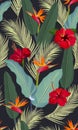 Seamless pattern tropical leaves with red hibiscus flower and bird of paradise Royalty Free Stock Photo