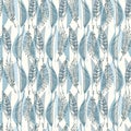 Seamless pattern with tropical leaves in retro 1970s style. Vector illustration in blue colors