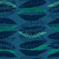 Seamless pattern with tropical leaves in retro 1970s style. Vector illustration on dark blue backgroud Royalty Free Stock Photo