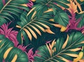 Seamless pattern, Tropical luxury exotic, Pastel colorful banana leaves, palm, Hand-drawn vintage 3D illustration, Dark glamorous Royalty Free Stock Photo