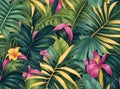 Seamless pattern, Tropical luxury exotic, Pastel colorful banana leaves, palm, Hand-drawn vintage 3D illustration, Dark glamorous