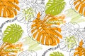 Seamless pattern with tropical orange and green leaves on a white background