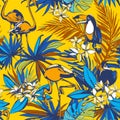 Seamless pattern Tropical palm leaves, flowers, toucan flamingo birds. Royalty Free Stock Photo