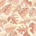 Seamless pattern of tropical palm leaves, jungle Monstera leaves and brush shape. Exotic collection of plants and grunge texture.