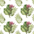 Seamless pattern - tropical palm leaves and protea