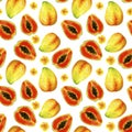 Seamless pattern tropical papaya fruits, whole and cutaway.