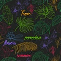 Seamless pattern with tropical plants and flowers on dark background