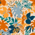 Seamless pattern with tropical plants and flowers. Jungle leaves floral background. Floral colorful design Royalty Free Stock Photo