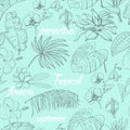 Seamless pattern with tropical plants and flowers